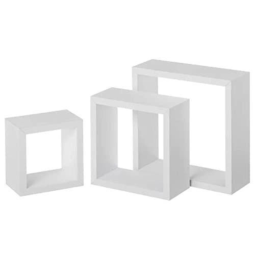 BAKAJI Set 3 Mensole Libreria da Parete Design Moderno Quadrato Mensola Scaffale Cubo in Legno MDF con 2 Ripiani Decorazione Muro 3 Dimensioni 30/27/24cm Arredamento Casa (Bianco)