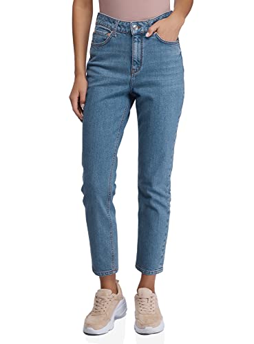 oodji Ultra Donna Jeans Mom Fit in Denim Elastico, Blu, 26W / 32L