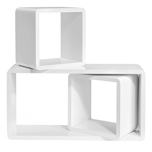SONGMICS Set di 3 Mensole da Muro, Mensole a Cubo da Parete in MDF, profondità di 15 cm, 50, 22, 22 cm, Bianco LWS50WT