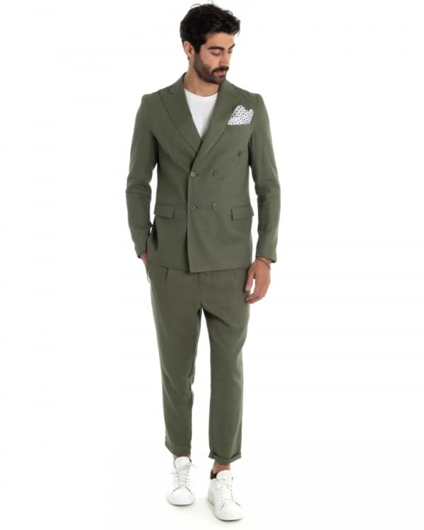 Giosal Outfit Uomo Giacca Pantalone Lino Tinta Unita Doppiopetto Elegante (Verde, 52)