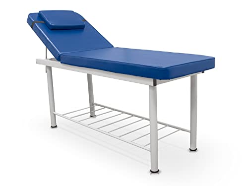 QUIRUMED Lettino da massaggio fisso, 2 sezioni, con struttura in acciaio, colore blu, similpelle, foro facciale, cuscino, portarotolo, vassoio inferiore, fino a 180 kg