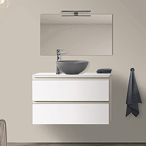 Mobile Bagno sospeso 100 cm per lavabo da appoggio, Serie Master 2 cassetti, Completo di Top e Specchio (Bianco Opaco)