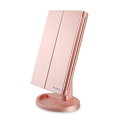 WEILY Specchio per il trucco da toeletta, 1x/2x/3x Specchio per il trucco ripiegabile con 21 luci a LED e specchietti retrovisori illuminati con touch screen regolabili (oro rosa)