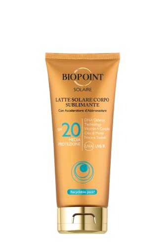 Biopoint Solaire - Latte Solare Corpo Sublimante SPF 20 con Acceleratore di Abbronzatura, Azione Antiossidante e Idratante, Dona una Pelle Dorata e Luminosa, 200 ml