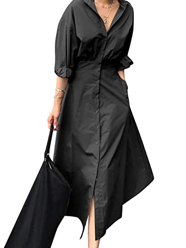 ZANZEA Elegante abito da donna con scollo a V, a maniche lunghe, con bottoni, linea A, maxi abito, B-nero, XXL