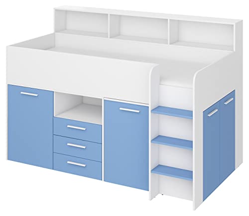 BIM Furniture - Letto rialzato NEO P per bambini, set di mobilio per la cameretta dei bambini, composto da un letto con scrivania, mensole e cassetti: lato destro (colore: bianco/blu)