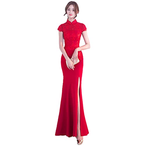 Tradizionale abito da sposa cinese Cheongsam lungo Cheongsam abito da sposa tradizionale classico orientale da donna, Rosso, XS