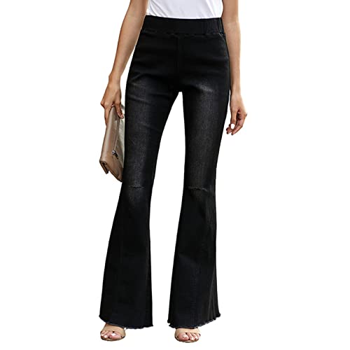 Jeans da donna strappati Bootcut a campana a vita alta Skinny Retro Flare Denim Pantaloni, Nero , XL