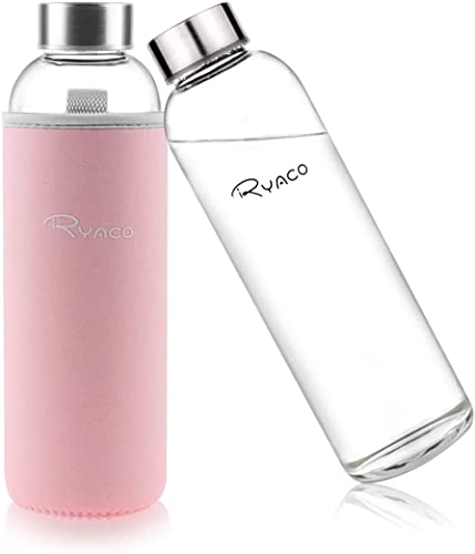 Ryaco Bottiglia d'Acqua, 550ml Bottiglia Vetro Trasparente Portatile con Guaina Protettiva in Neoprene per Il Campeggio Viaggi tè Ufficio (Rosa Carino, 550ml)