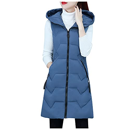 Gilet da donna con cappuccio lungo imbottito da donna trapuntato invernale versatile Longline Gilet gilet, a blu, XXL