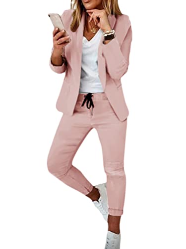shownicer Tuta da Donna a Due Pezzi Tinta Unita Blazer Set Completo da Donna a Maniche Lunghe con Pantaloni per Ufficio e Lavoro Elegante Tailleur Outfits con Tasche A Rosa XL