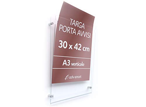 adv-smart Porta Avvisi da parete in Plexiglass formato A3 verticale 30x42 cm, Poster, Info, Cartella, con distanziatori in acciaio