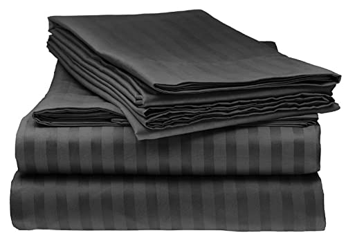 Set di lenzuola da 4 pezzi, 600 fili, 100% cotone egiziano, completamente elastico su lenzuolo con angoli profondi 35 cm, a righe grigio scuro – Super King Size