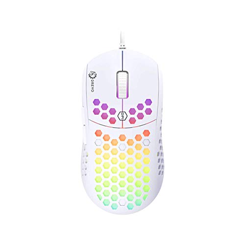 DREVO Mouse da Gioco Falcon Full RGB cablato Leggero da 70 g Sensore Ottico 16000 DPI PixArt 3389, frequenza di Rapporto 1000 Hz, 400 IPS, Cavo Ultra Morbido e Guscio a Nido d'Ape - Bianco