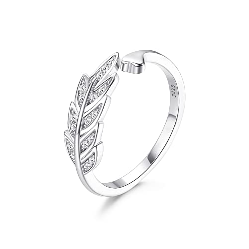 Morfetto Anello in argento sterling 925 per donna, ragazza, piuma, ali d'angelo, foglia, anello, dito, fidanzamento, anello aperto regolabile