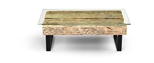 REMORSE Tavolino basso da salotto o soggiorno in legno naturale vetro e ferro. Tavolino da caffe Asmara 110.