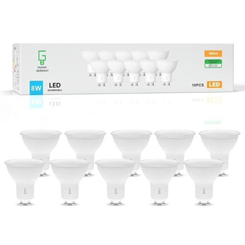NUOVA GERMANY Lampadine LED GU10, 8W Equivalenti a 100W, 980 lumen, Lunga durata, Basso consumo, Certificato CE, Non dimmerabile, 10 Pezzi (4000K Luce Naturale)