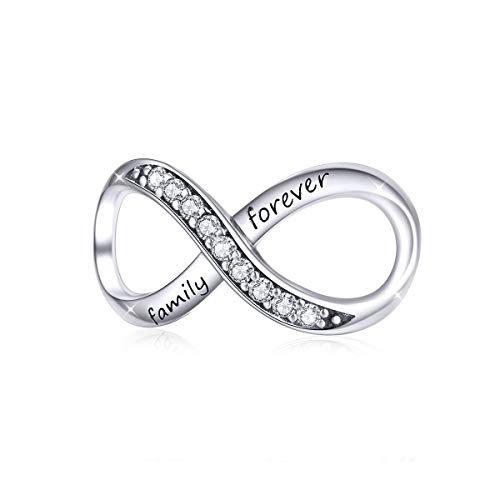 Charm a forma di infinito, in argento Sterling 925 e zirconia cubica di grado AAA, compatibile con collana Pandora, con scritta “Family Forever” Stile 1