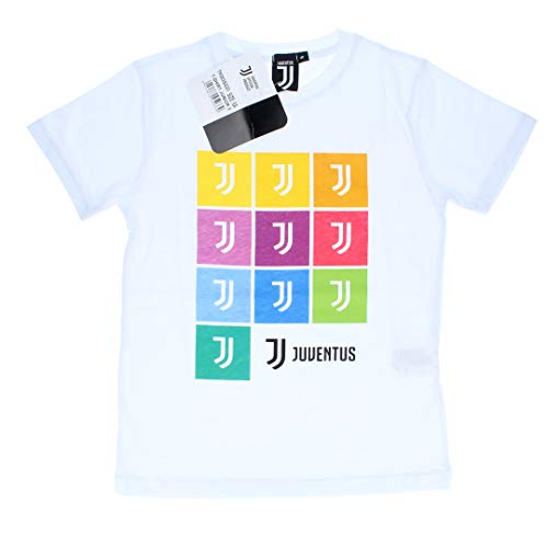 JUVENTUS Maglietta T-Shirt Bianca con Loghi su Sfondi Multiclore - Bambino - 100% Originale - 100% Prodotto Ufficiale - Collezione 2020/2021 - Scegli la Taglia (12 Anni)