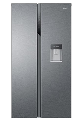 Haier HSR3918EWPG, Frigorifero Side by Side con Water Dispenser, Total No Frost, Luce LED, 521 Litri, Alluminio, Classe E, 90,8x64,7x177,5 cm