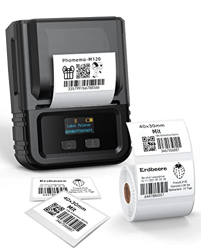 Phomemo M120 - Stampante per etichette termica Bluetooth Mini Wireless codice a barre per vendita al dettaglio, codice QR, cavi, piccole aziende, compatibile con Android e iOS, colore: nero