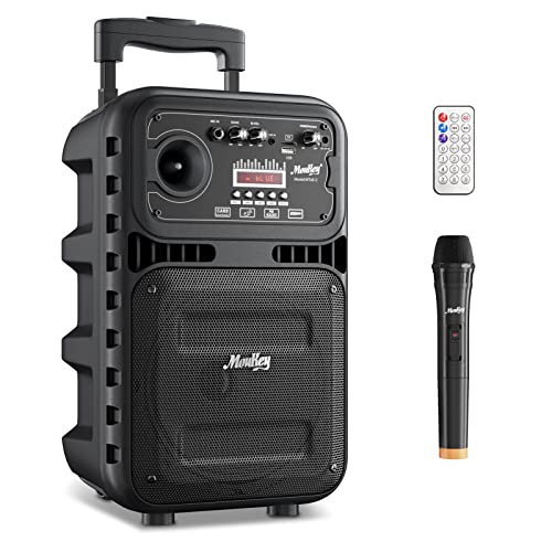 Moukey Altoparlante portatile Bluetooth 80W, sistema di altoparlanti per Karaoke/Partito/Riunione, sistema PA con microfono senza fili, ruote, telecomando, ricaricabile, supporta TWS/REC/AUX/USB/TF/FM