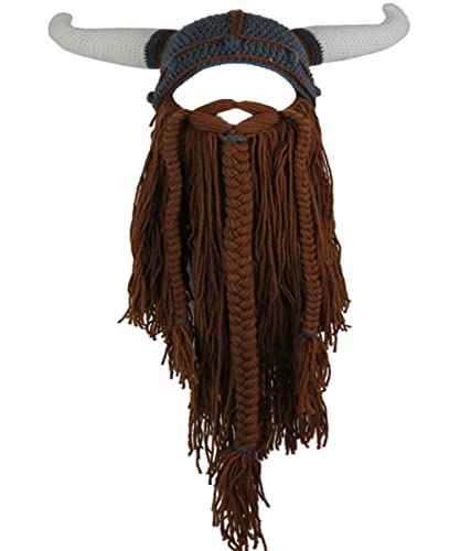 YEKEYI Big Horn Viking Hat Beanie Beard Viking Knit Hat Barbarian Funny Ski Cap Divertente Halloween cappello di Natale, Caff, 7125
