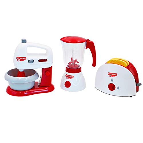 deAO Set di Utensili Elettrodomestici da Cucina per Bambini Accessori da Cucina Giocattolo Include Tostapane, Frullatore e Battitore