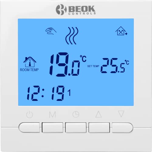 Beok Termostato Caldaia a Batteria Programmabile BOT313W Ambiente Termostato da parete, Alimentato da Batteria AA Retroilluminazione Blu, 1,50 voltV (Blu)