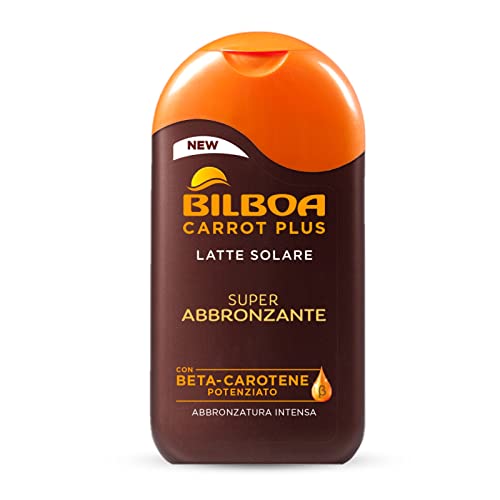 Bilboa Carrot Plus, Latte Solare Super Abbronzante, con Betacarotene e Burro di Karità per una Abbronzatura Intensa e Duratura, Effetto Idratante e Nutriente, Dermatologicamente Testato, 200 ml