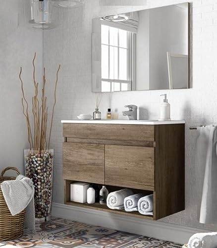 Bagno Italia Mobile bagno sospeso da cm 80 colore Rovere Nordik con lavandino specchio arredo moderno mobili in legno