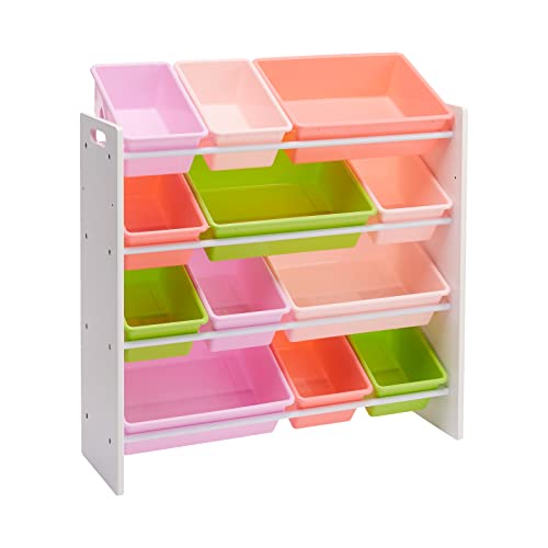 Amazon Basics Organizer per giocattoli per bambini con 12 contenitori in plastica, in legno bianco con contenitori rosa