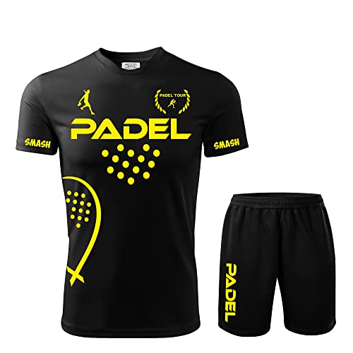 Kit Maglia Calzoncini Fluo Padel t-Shirt Paddle World Smash Tennis Gara (Nero/Giallo, 48 M IT)