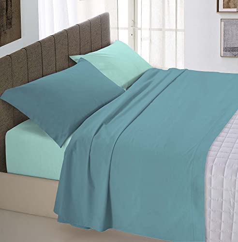 Italian Bed Linen Completo Letto Natural Color, 100% Cotone, Ottanio/Verde Acqua, Singolo