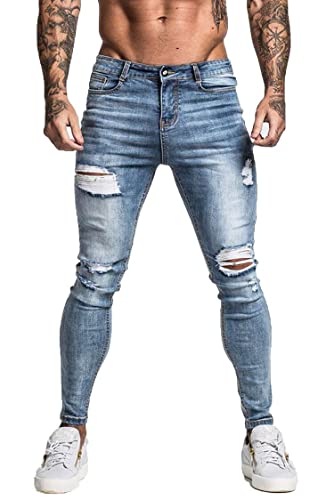 GINGTTO Jeans Uomo Blu Chiari Strappato Pantaloni Stretch Slim Fit Denim Dritti con Elastici Skinny Blu 32W/30L
