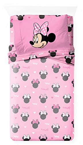 Jay Franco Disney Minnie Mouse Hearts & Love 100% cotone Set di 3 lenzuola singole – Include lenzuolo con angoli, lenzuolo e federa