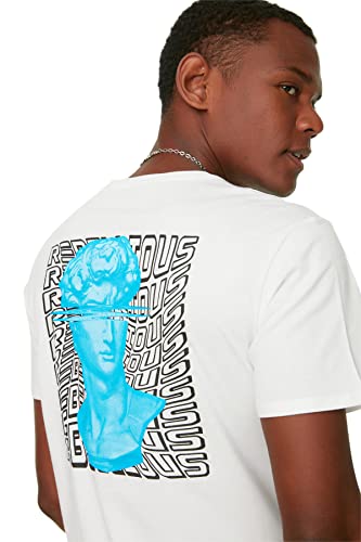 Trendyol White Male Regular Fit Bicycle Collar-Maglietta a Maniche Corte con Stampa T-Shirt, Bianco, XL Uomo
