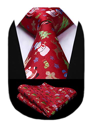 HISDERN Uomo Cravatta natalizia Tree Elk Snowman Babbo Natale Pattern Festa tessuta Cravatta e fazzoletto