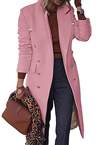 Minetom Donna Trench Coat Autunno Inverno Manica Lunga Elegante Doppio Petto Slim Fit Lungo Cappotto Giacca A Rosa XS