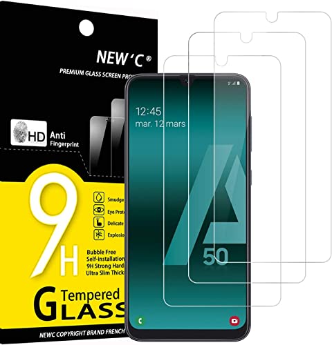 NEW'C 3 Pezzi, Vetro Temperato per Samsung Galaxy A50 (SM-A505F), Pellicola Prottetiva Anti Graffio, Anti-Impronte, Senza Bolle, Durezza 9H, 0,33mm Ultra Trasparente, Ultra Resistente