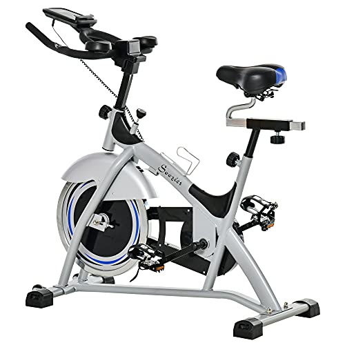 homcom Cyclette da Camera con Monitor LCD e Volano 15kg, Sellino e Manubrio Regolabili, 124x50x105-111cm, Argento Nero