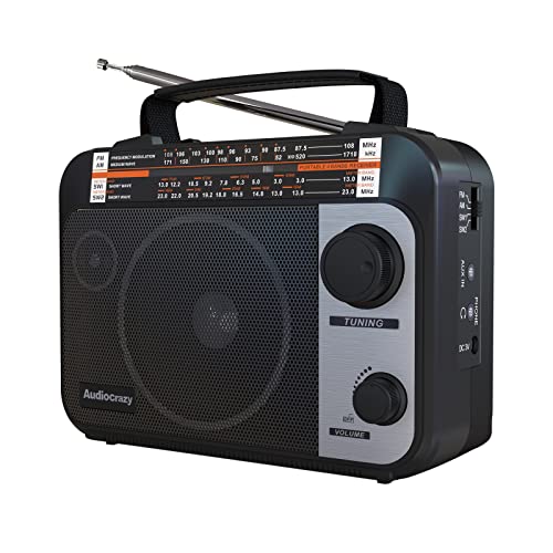 Audiocrazy Radio Portatile AM/FM/SW1-2 Multibanda Radio con Batteria Ricaricabile da 1800 mAh, Cavo AC o Radio FM Portatile a Pile, Altoparlanti，Jack Per Cuffie, Ingresso AUX Nero