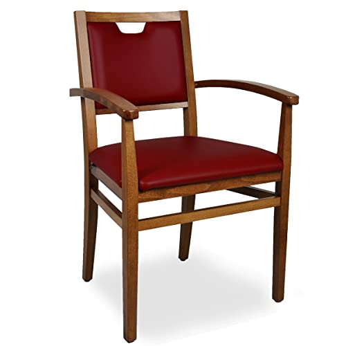 ArredaSì - Sedia con braccioli per anziani ideale per cucina e sala da pranzo, robusta struttura in legno colore noce, sedile e schienale imbottiti e rivestiti in similpelle rosso scuro