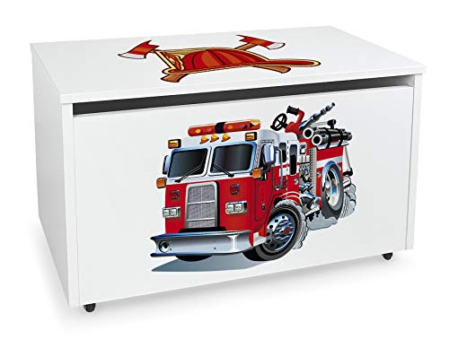 Leomark Contenitore portagiochi in legno, Grande baule per giocattoli, panca su ruote, scatola con coperchio, cassapanca per bambini, dimensioni: 71 cm x 40 cm x 46 cm (LxPxA) (Pompieri)