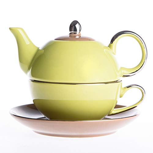Artvigor, Tea for One Teapot And Cup Servizio da tè in Porcellana Teiera Set con Tazza e Piattino Teiere Caffettiere Ceramica 3 Pezzi per 1 Persona Giallo