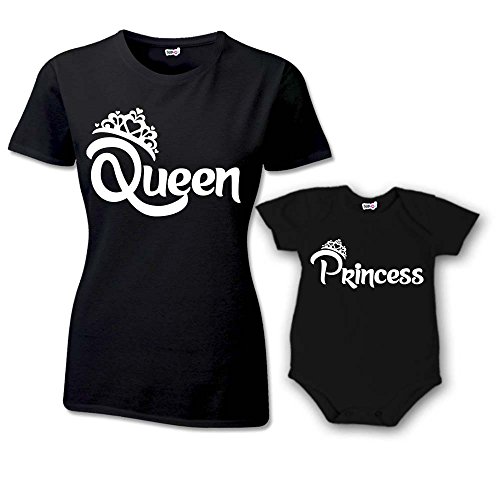 Coppia T-Shirt e Bodino Donna Bambino Festa della Mamma Queen And Prince Princess con Corona T-Shirt Nere Queen e Princess Donna M - Bimbo 3 Mesi