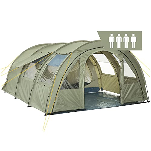 CampFeuer Tenda a tunnel tenda multipla per 4 persone | enorme vestibolo, 5000 mm di colonna d'acqua | con telo e parete anteriore regolabile | tenda da campeggio tenda familiare (oliva/verde)