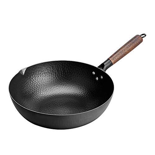 Autentico wok martellato a mano. Wok con fondo piatto da 32 cm. Pentola in ferro cinese fatta a mano, adatta per fornelli a induzione e gas naturale.