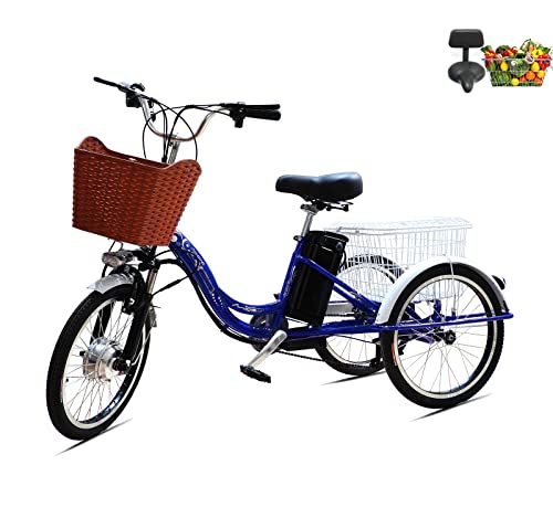 Triciclo elettrico per adulti, bici a 3 ruote da 20 pollici per genitori per allargare il cestello posteriore Elettricità/Assistenza/Pedali 48V12AH batteria al litio Adulti Unisex (blue)