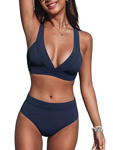 CUPSHE Set bikini da donna a vita alta con scollo a V spalline larghe gancio posteriore push up rimovibile, Blu scuro, XL